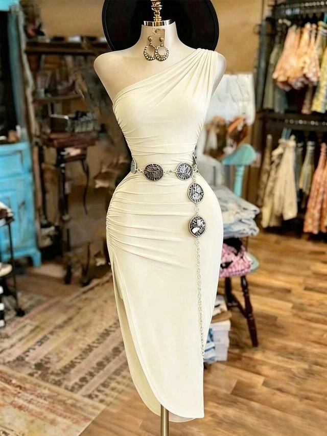 emery rose vintage sexy ruched slit cinched waist shoulder dress