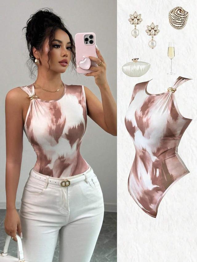 tie dye print metallic buckle sleeveless bodysuit