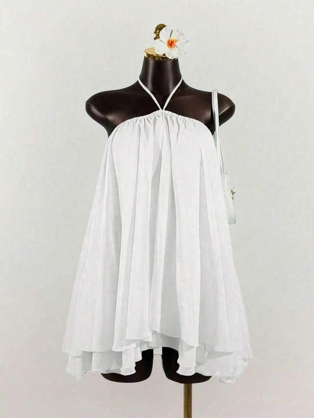 white chiffon layered ruffle sleeveless mini dress