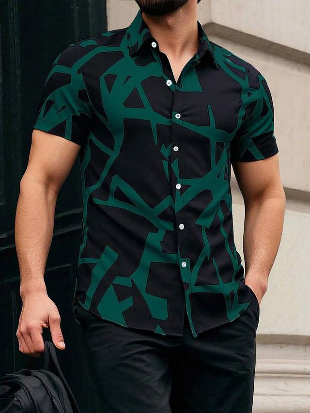 black green men's casual short sleeve vacation shirt with geometric print