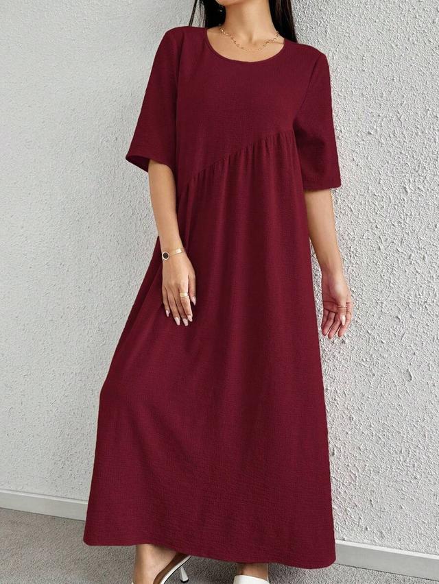 mulvari solid color round neck half sleeve ruffle dress