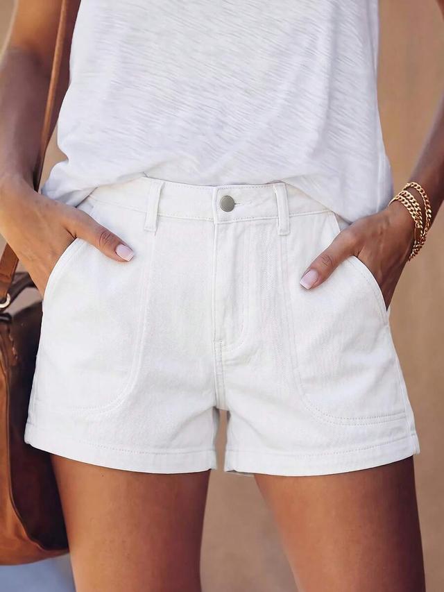 white denim utility shorts with patch pockets