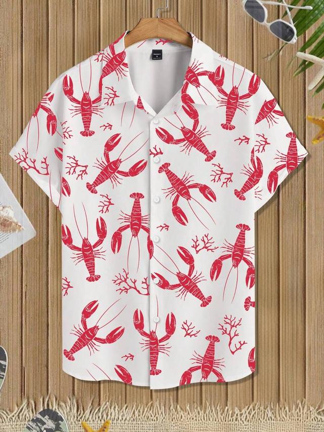 white lobster print short sleeve vacation shirt