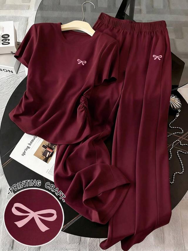 maroon bow print casual two piece set