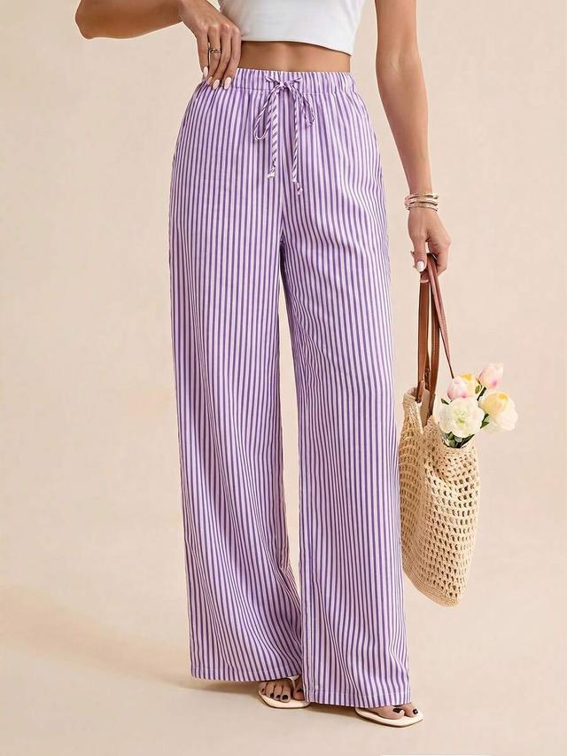 purple striped drawstring waist wide leg trousers