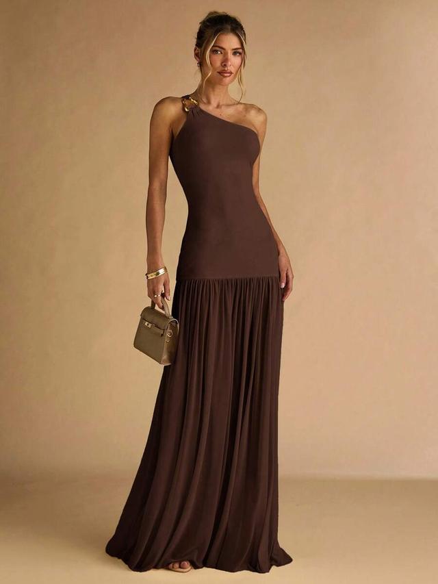 brown asymmetric one-shoulder bodycon maxi dress