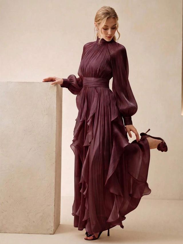 elegant long sleeve pleated wine red halter dress