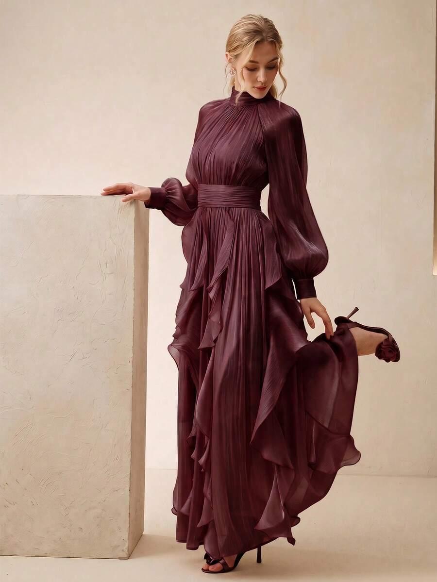 elegant long sleeve pleated wine red halter dress