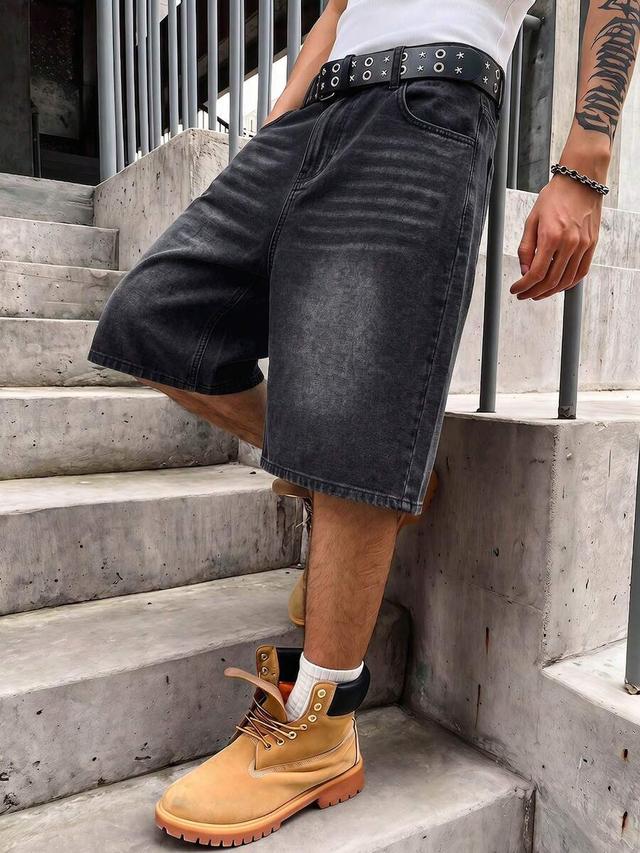 men's loose black washed mid-length denim shorts