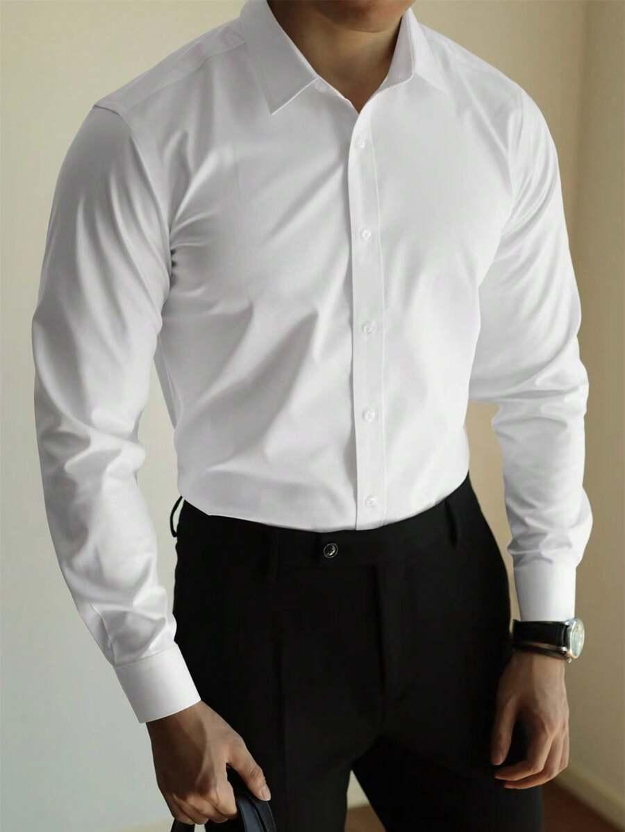 calvornis men solid white long sleeve formal shirt