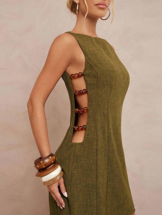 olive green sleeveless beaded side cut out mini dress