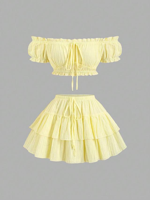 light yellow off-shoulder ruffle crop top and mini skirt set