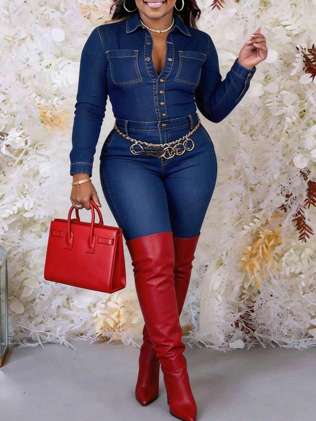 glouri women's party style long sleeve denim jumpsuit