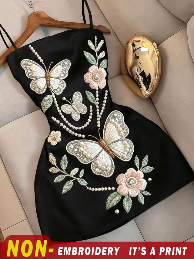 black satin mini dress with butterfly floral print