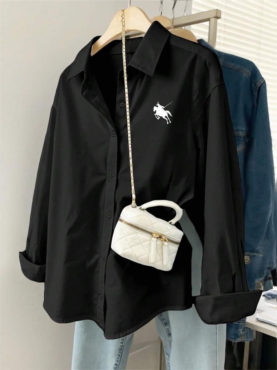 black loose fit knight print long sleeve shirt