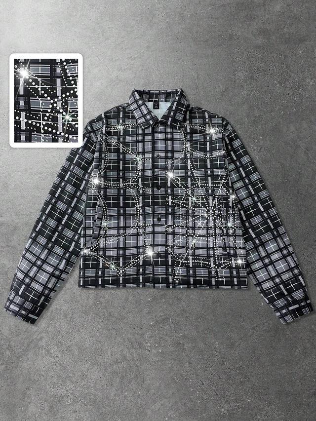rhinestone plaid long sleeve casual button up shirt