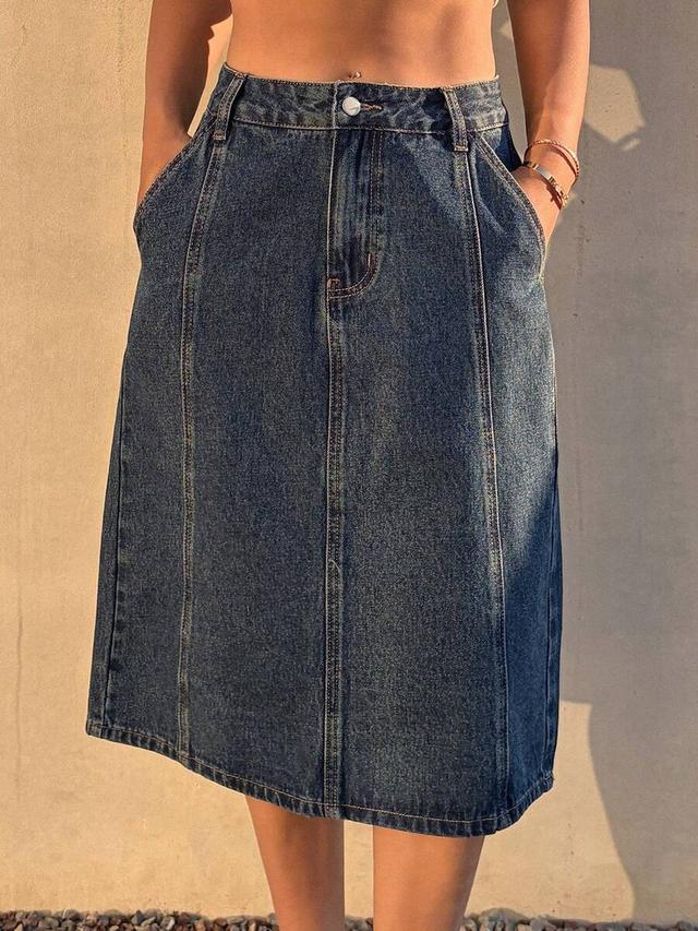 dark wash denim midi skirt with panel seams