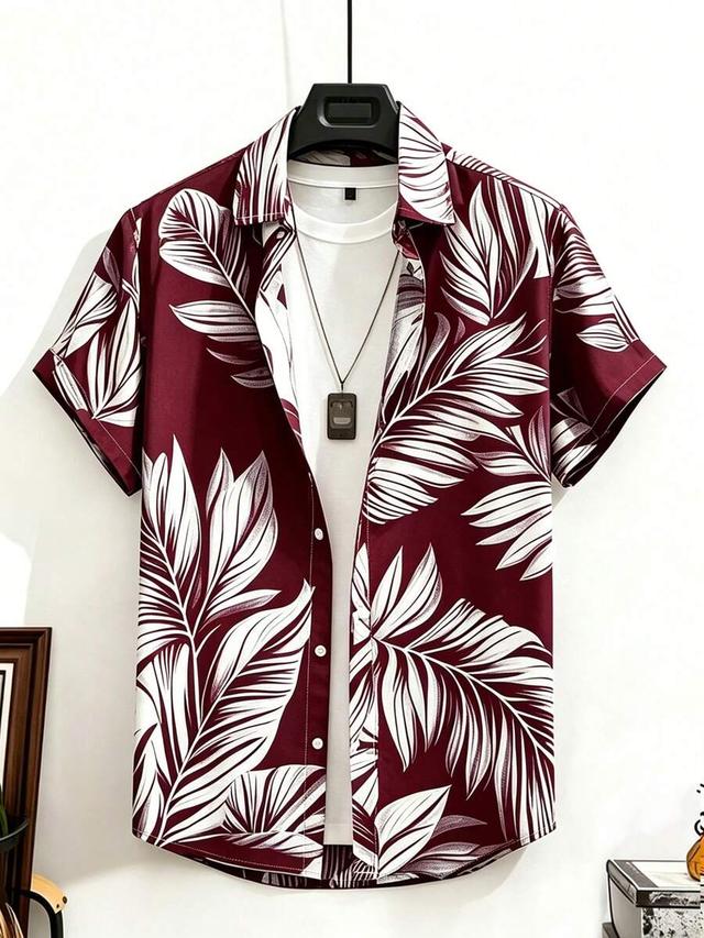 genlund men's tropical plant print single-breasted short sleeve shirt