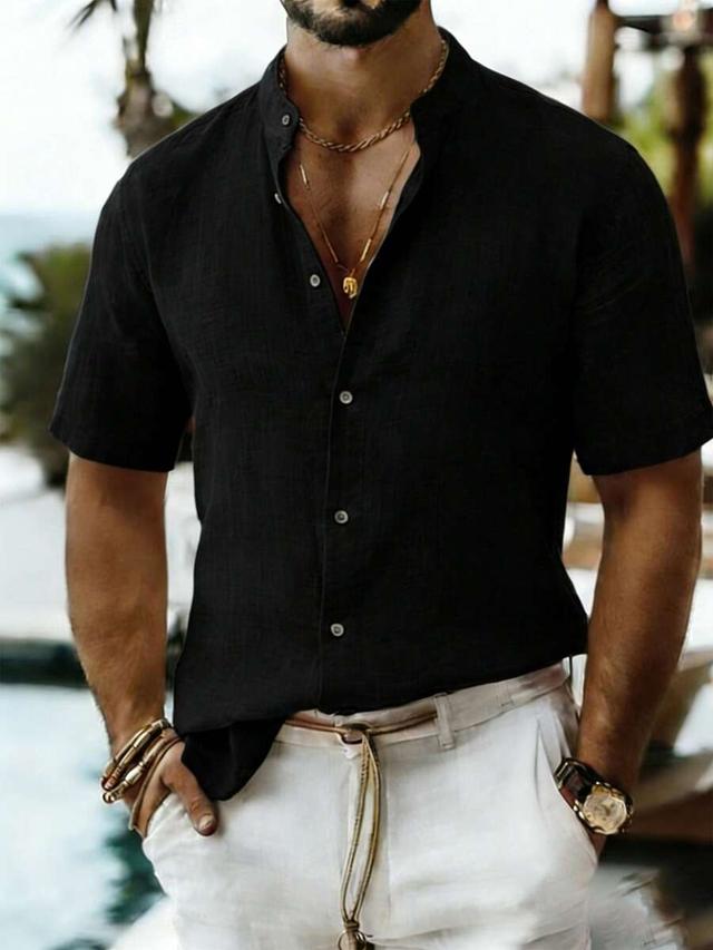 minimalist grey linen stand collar short sleeve shirt