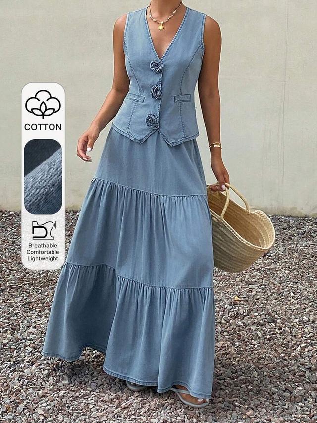 sleeveless denim vest and tiered maxi skirt set