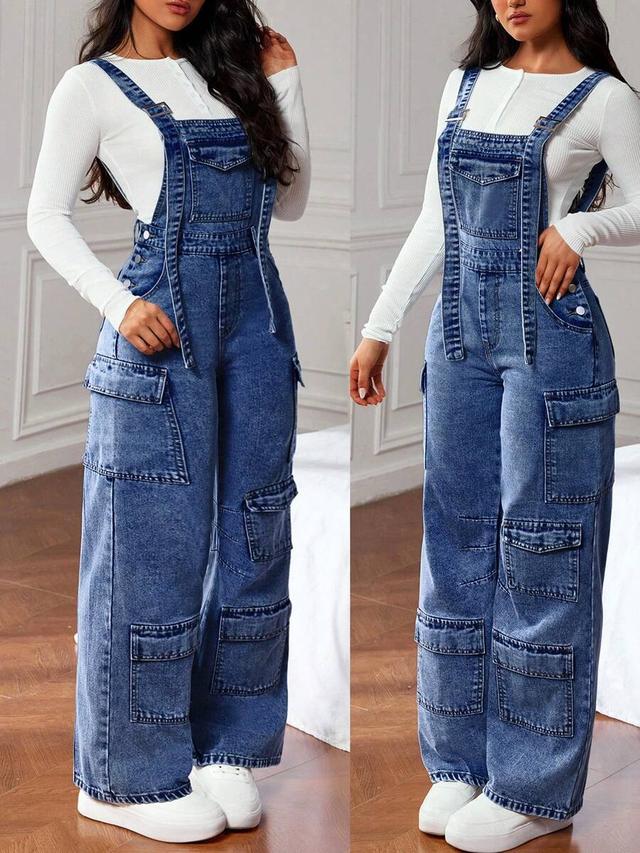 light blue cargo dungarees with multiple utility pockets