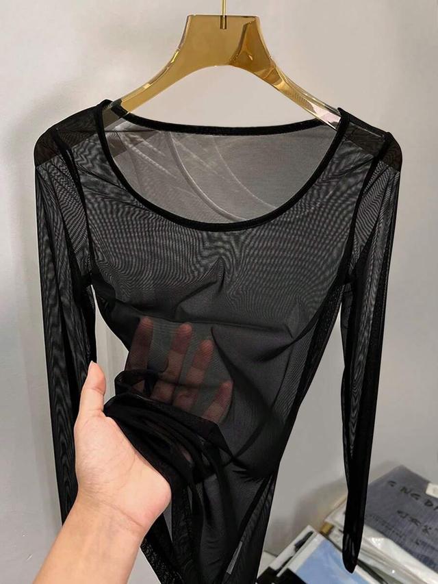 sheer slim fit long sleeve black mesh top