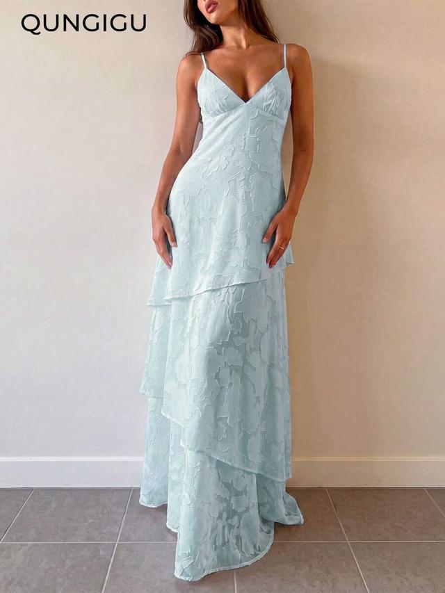 light blue floral jacquard tiered maxi dress