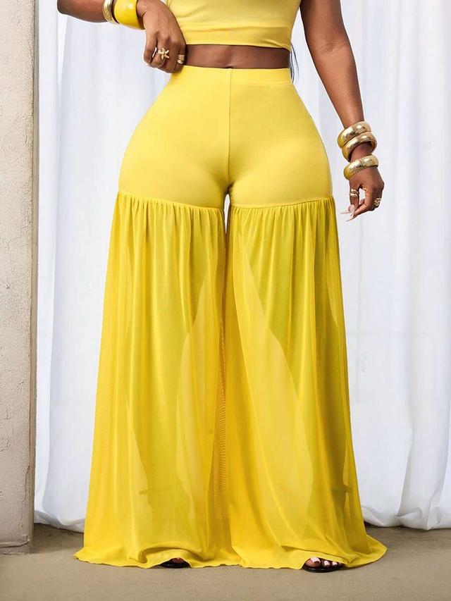 pale yellow contrast mesh sheer wide leg pants