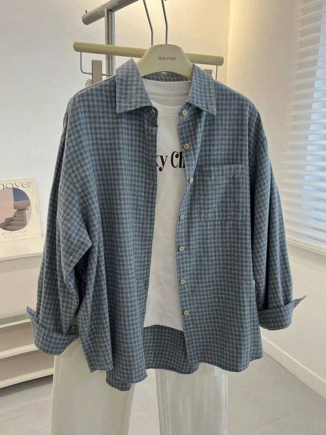 women's blue plaid brushed minimalist casual long sleeve shirt