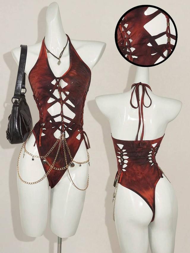 tie-dye halter neck bodysuit with chain decor