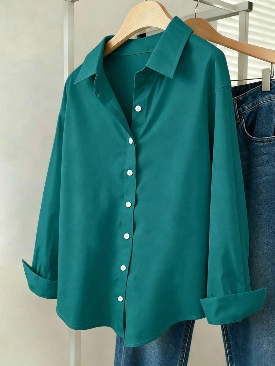 teal solid color casual commuter button-up shirt