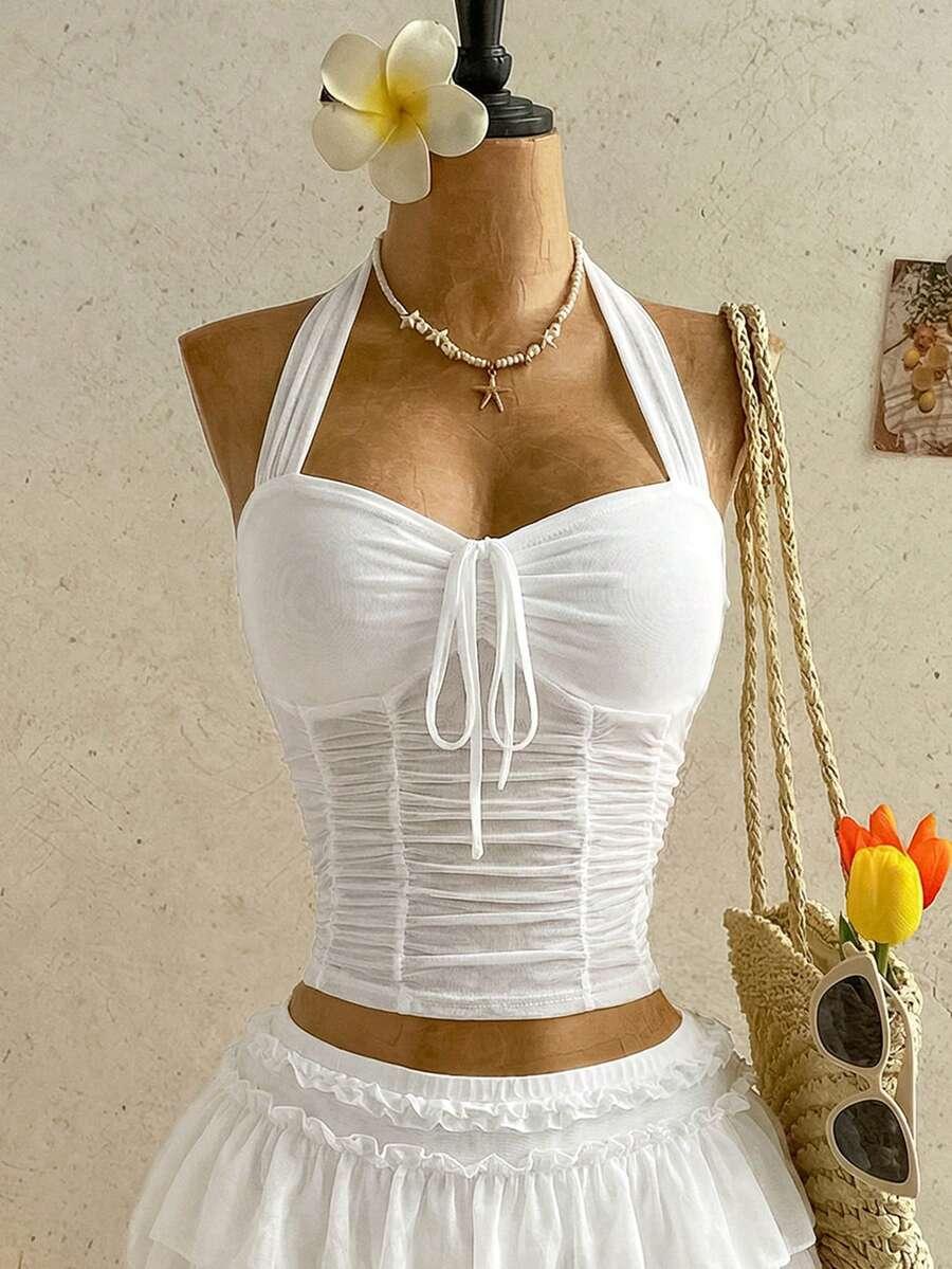 white romantic vacation chiffon pleated halter camisole