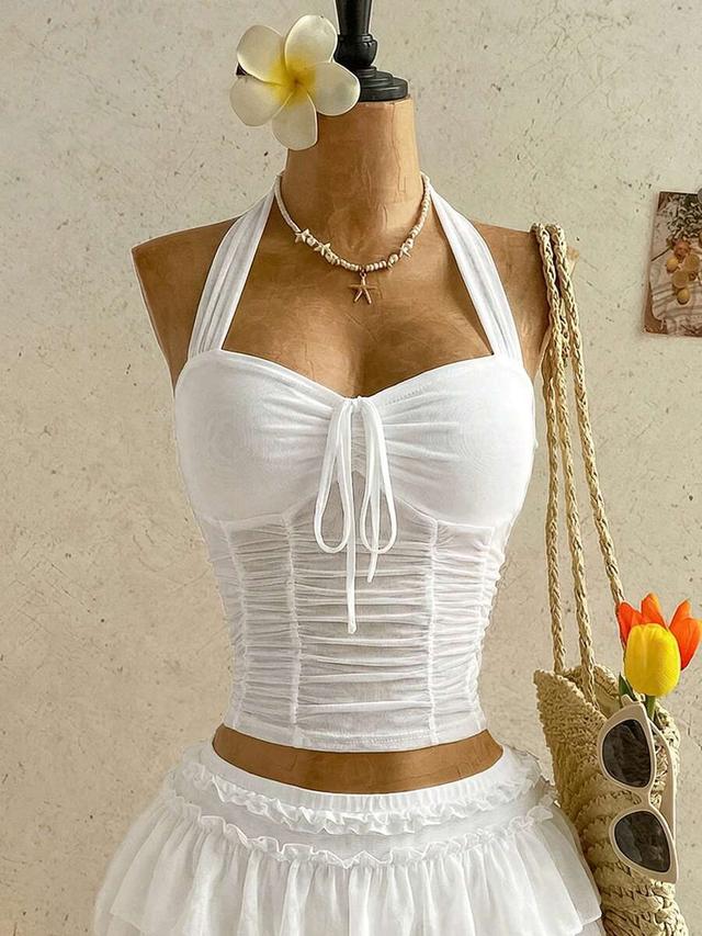 white romantic vacation chiffon pleated halter camisole