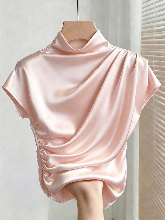 pink satin draped mock neck short sleeve top