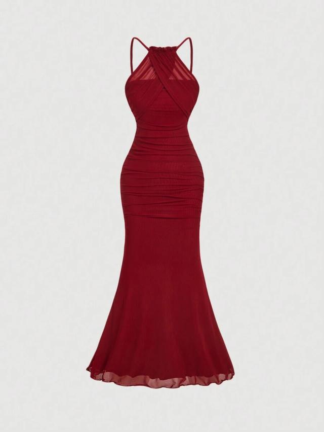 burgundy halter neck ruched fishtail long dress