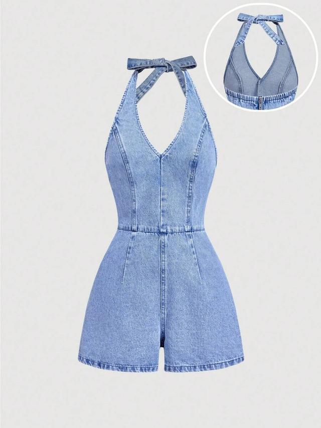 light wash denim halter playsuit with tie back