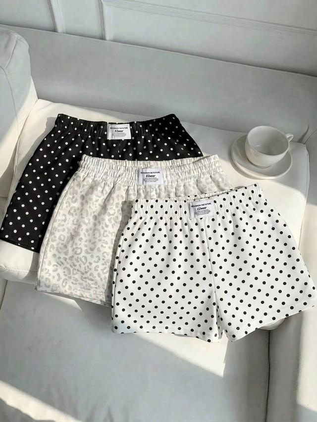 white polka printed casual woven elastic waist shorts set
