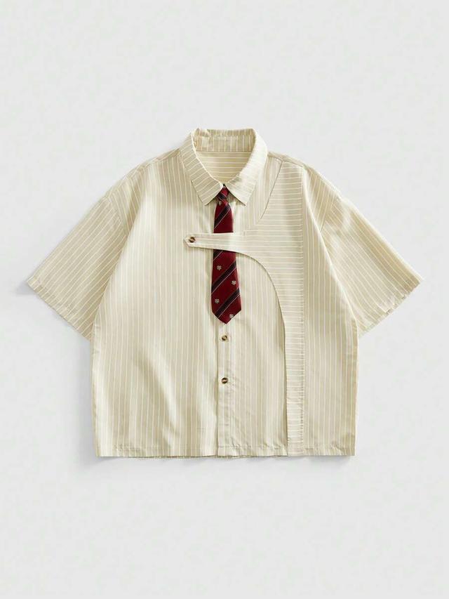 beige striped short sleeve casual shirt