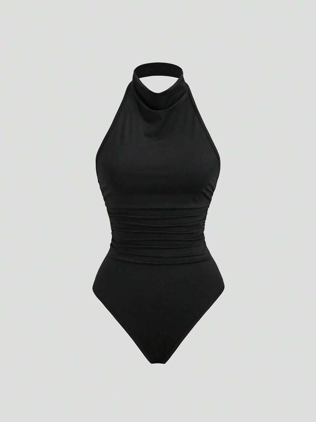 black pleated halter neck sleeveless fitted bodysuit
