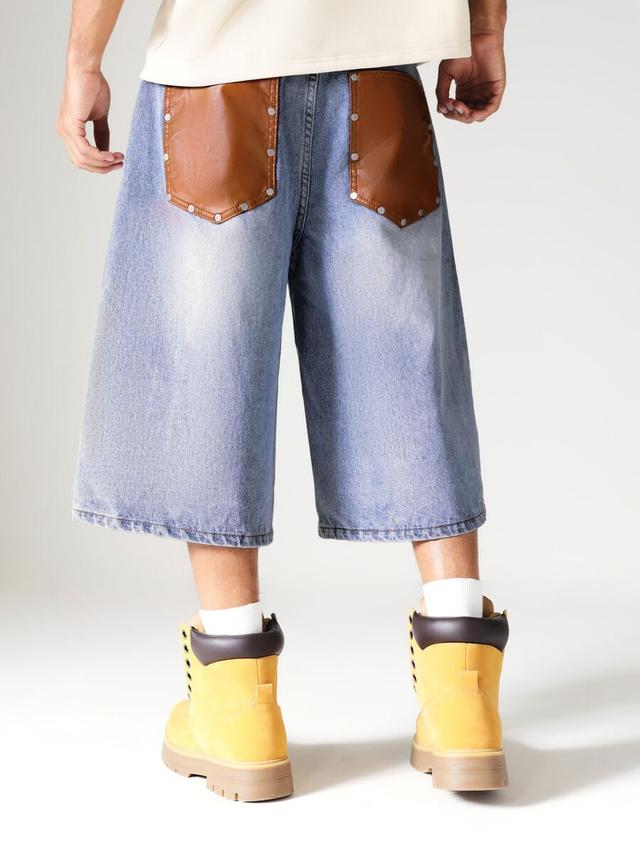 wide leg denim jorts with pu leather pockets