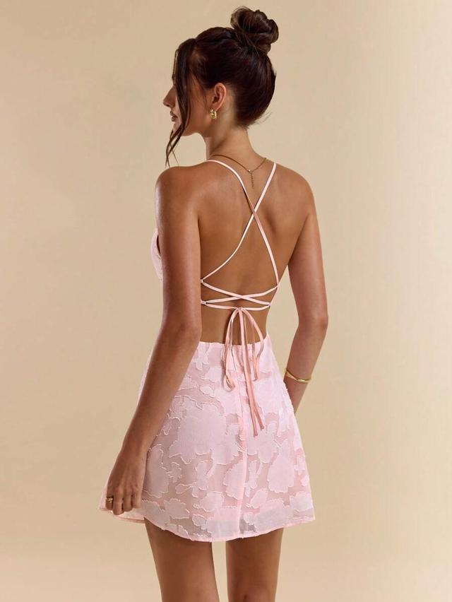 pink floral textured backless mini dress