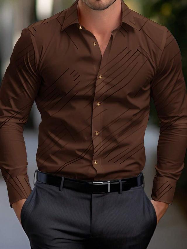 brown geometric striped long sleeve formal shirt