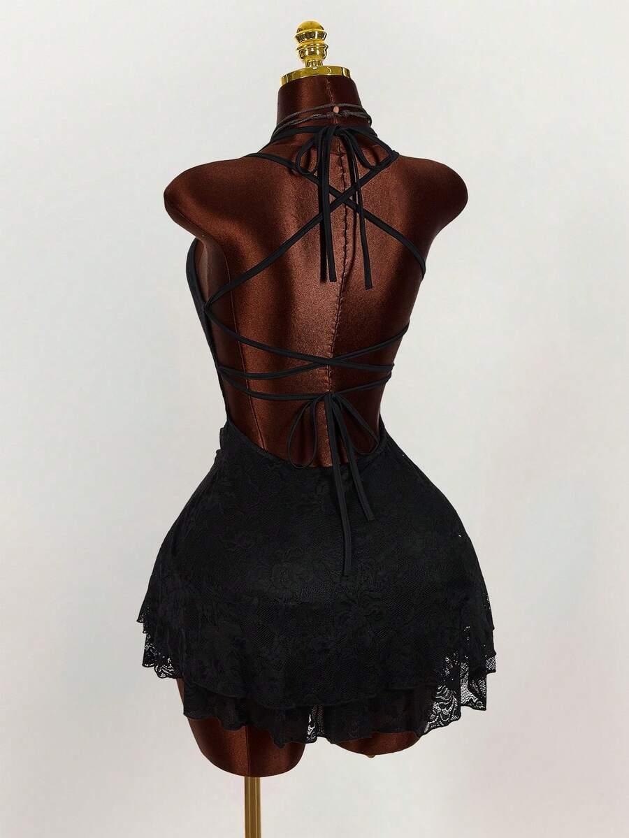 vintage black sleeveless lace patchwork bodycon mini dress