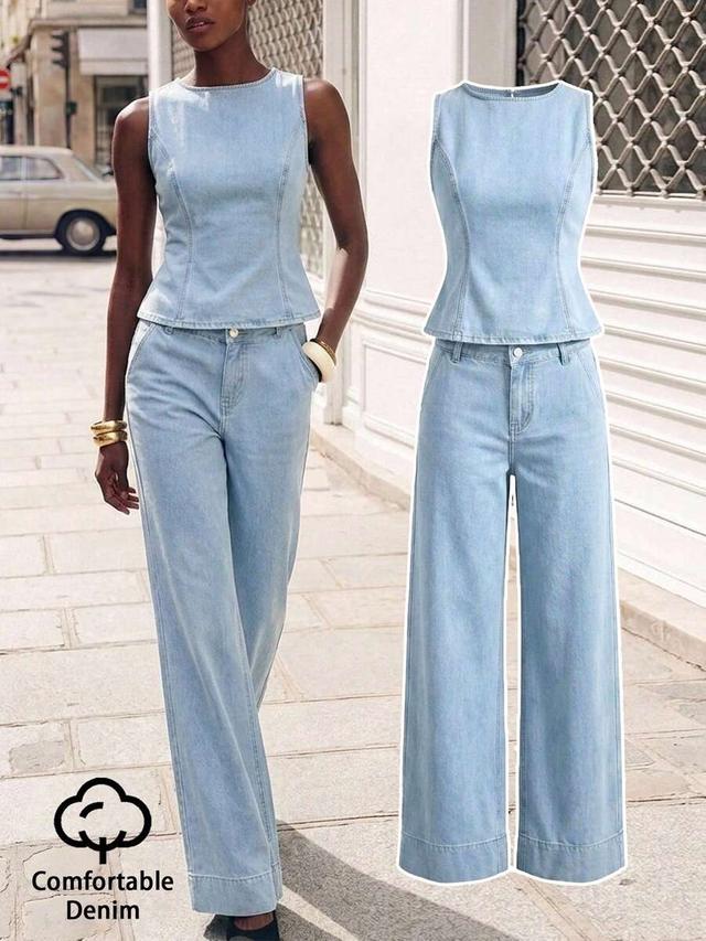 light wash denim sleeveless peplum top and wide-leg trousers
