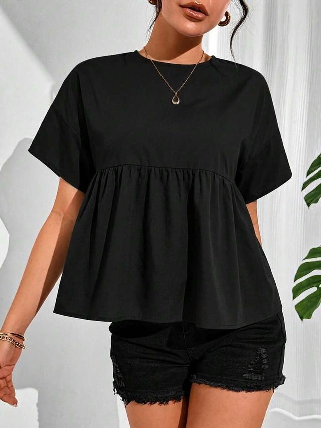 solid black round neck short sleeve peplum blouse