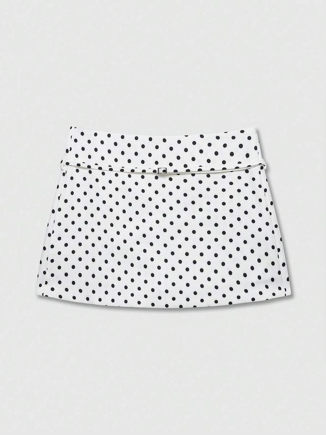 white polka dot pattern belted mini skirt