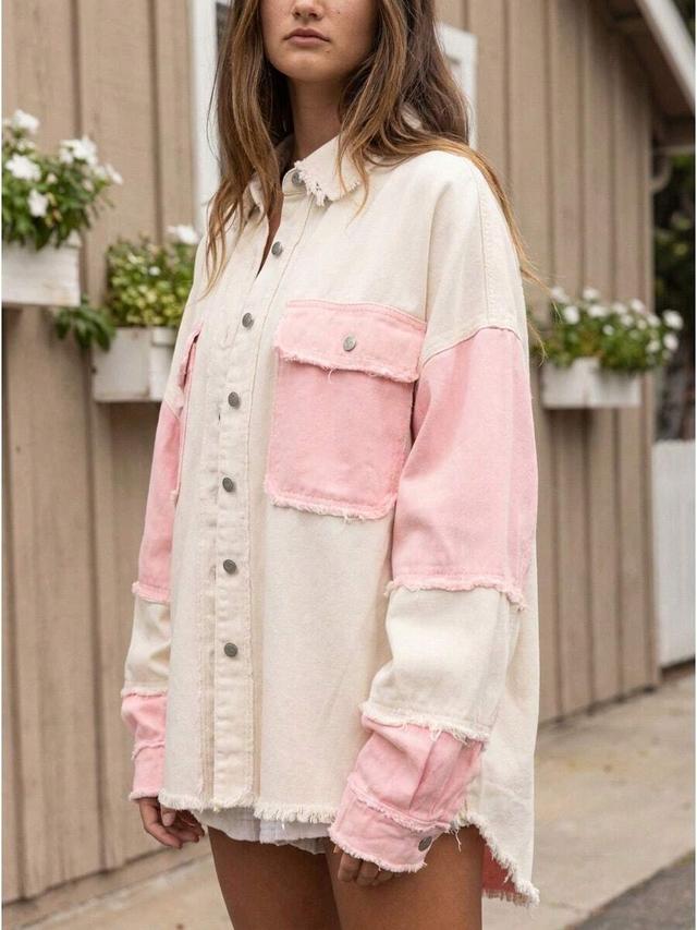 cream pink two-tone patchwork frayed denim shirt jacket