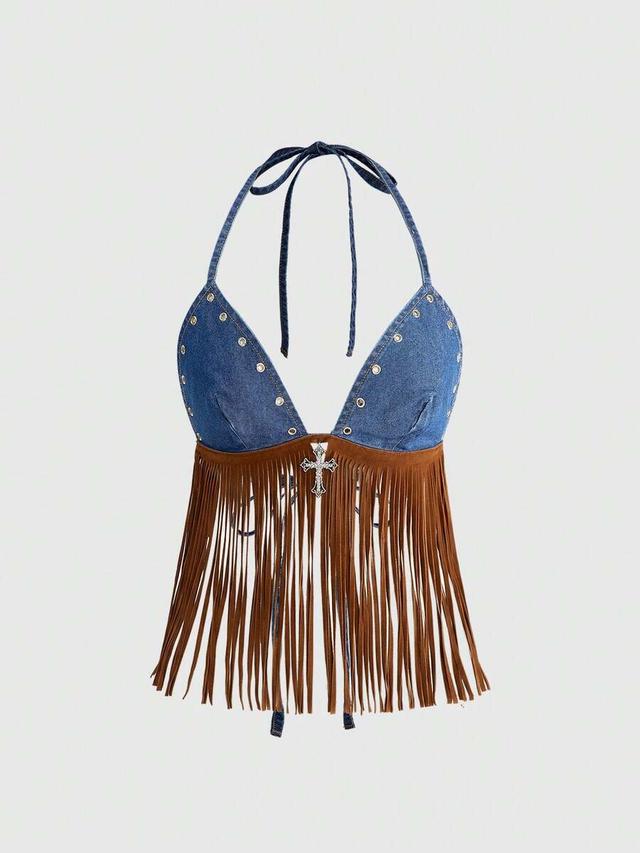 denim halter crop top with brown fringe
