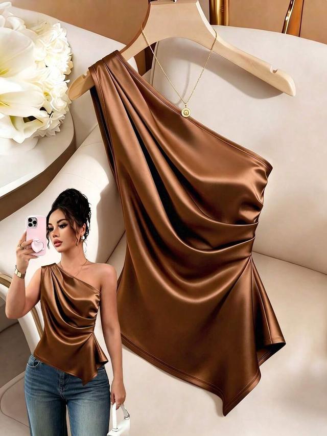 dark brown satin one-shoulder asymmetrical ruched blouse