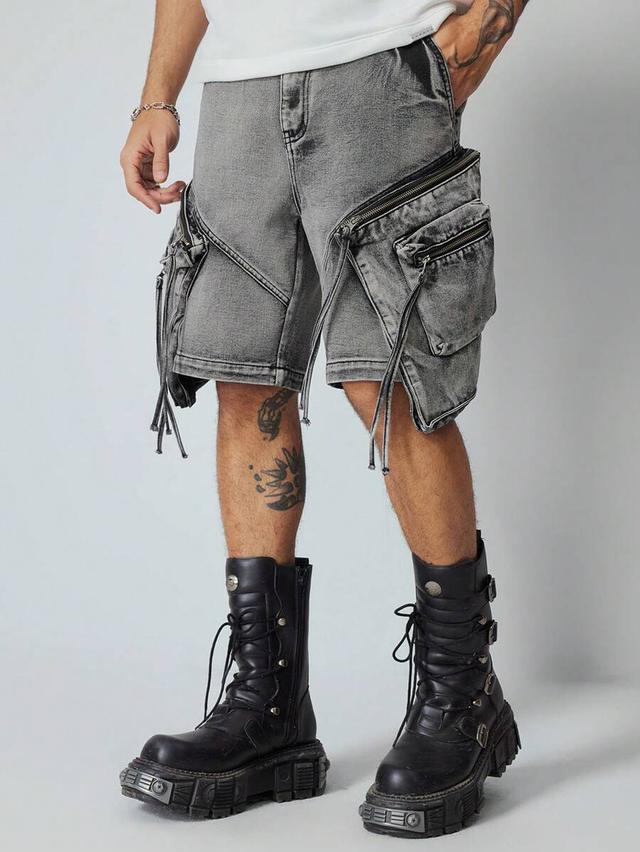 vintage wash denim cargo shorts with zip pockets